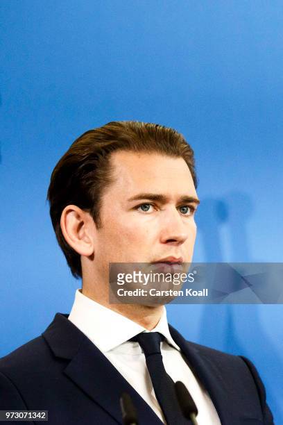 Austrian Chancellor Sebastian Kurz attends a press conference with German Interior Minister Horst Seehofer on June 13, 2018 in Berlin, Germany. Both...