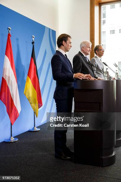 Austrian Chancellor Sebastian Kurz and German Interior Minister Horst Seehofer speak to the media on June 13, 2018 in Berlin, Germany. Both men...