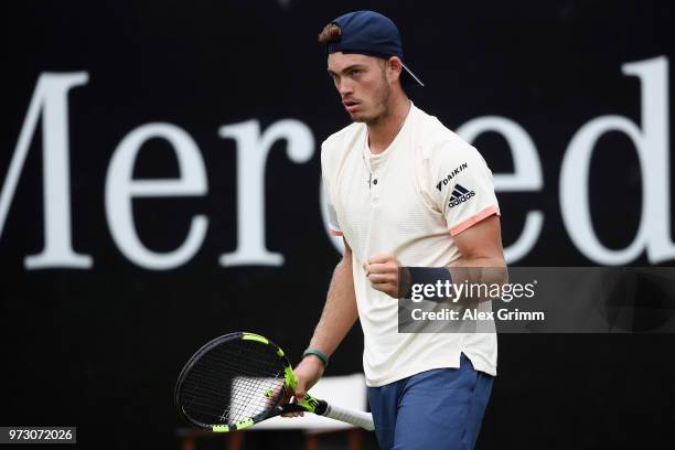 Maximilian Marterer of Germany celebrates after winning his match against Viktor Galovic of Croatia Bernd Mahleruring day 3 of the Mercedes Cup at...