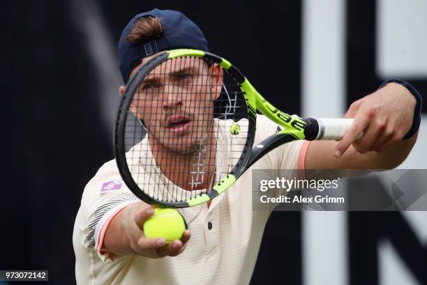 Maximilian Marterer of Germany prepares for a service during his match against Viktor Galovic of Croatia during day 3 of the Mercedes Cup at...