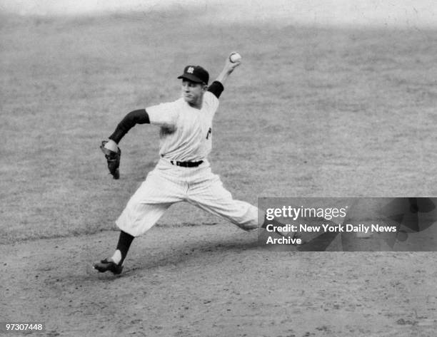 New York Yankees' pitcher Ed Ford throwing in the ninth inning of game against the Philadelphia Phillies at Yankee Stadium.