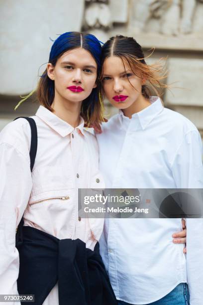 Czech models Daniela Kocianova and Barbora Bruskova in hair and makeup after the Margiela show during Paris Fashion Week Spring/Summer 2018 on...