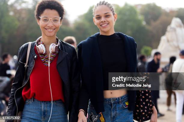 Dominican models Lineisy Montero, Hiandra Martinez during Paris Fashion Week Spring/Summer 2018 on September 27, 2017 in Paris, France. Lineisy wears...