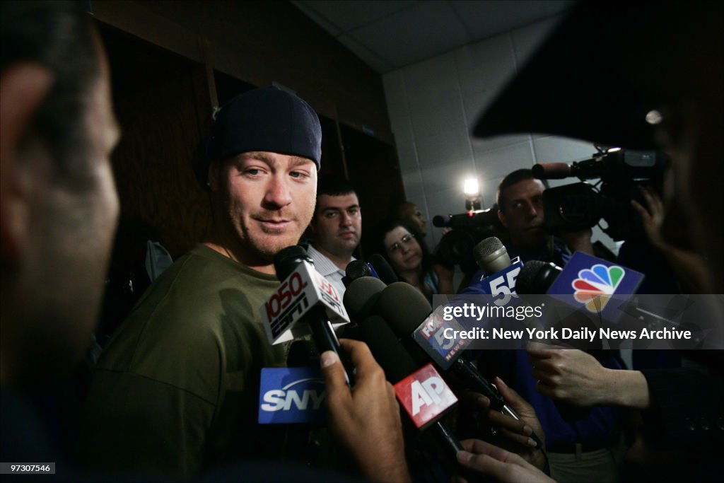 New York Giants' tight end Jeremy Shockey speaks to media af