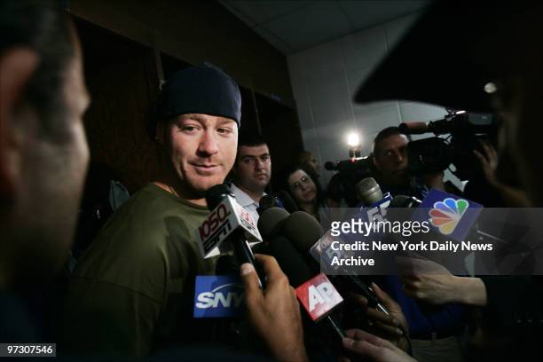 New York Giants' tight end Jeremy Shockey speaks to media after a team practice at Giants Stadium.