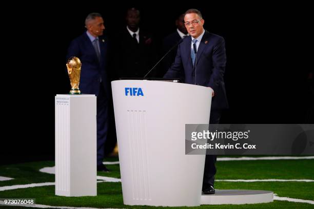 President of the Royal Moroccan Football Federation Fouzi Lekjaa presents the Morocco 2026 bid during the 68th FIFA Congress at Moscow's Expocentre...