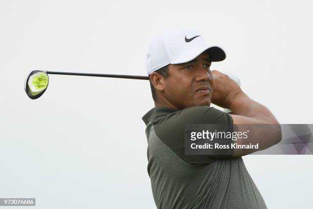 Jhonattan Vegas of Venezuela plays his shot from the 12th tee during a practice round prior to the 2018 U.S. Open at Shinnecock Hills Golf Club on...