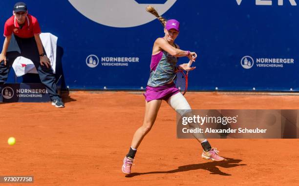 Johanna Larsson of Sweden in action during Day 8 of the WTA Nuernberger Versicherungscup on May 26, 2018 in Nuremberg, Germany.