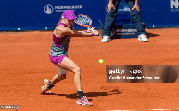 Johanna Larsson of Sweden in action during Day 8 of the WTA Nuernberger Versicherungscup on May 26, 2018 in Nuremberg, Germany.