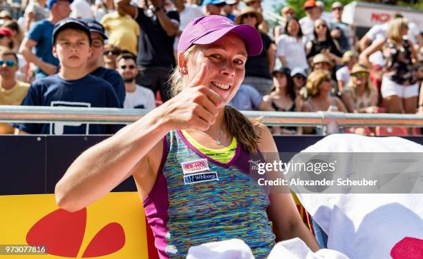 Johanna Larsson of Sweden celebrates winning the singles final during Day 8 of the WTA Nuernberger Versicherungscup on May 26, 2018 in Nuremberg,...