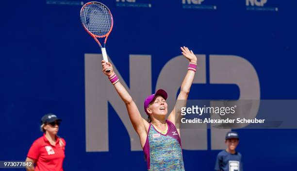 Johanna Larsson of Sweden celebrates winning the singles final during Day 8 of the WTA Nuernberger Versicherungscup on May 26, 2018 in Nuremberg,...