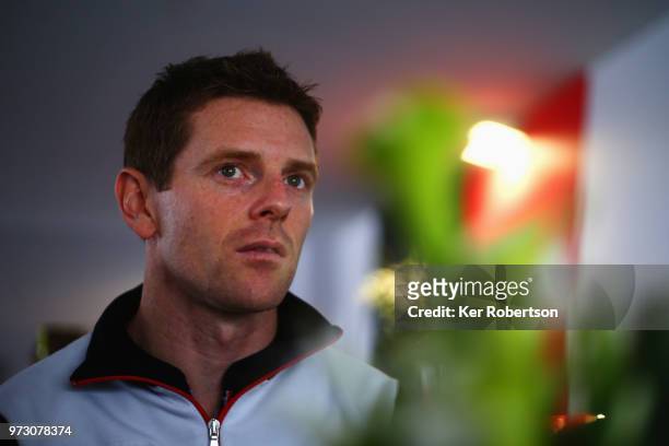 The Toyota Gazoo Racing TS050 Hybrid reserve driver Anthony Davidson of Great Britain is interviewed by the media prior to practice for the Le Mans...