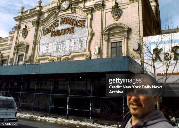 John Menendez stands outside the old Loews Paradise Theatre on the Grand Concourse at 188th St. It will be turned into a huge event center that will...