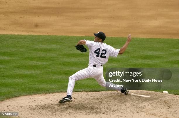 New York Yankees' pitcher Mariano Rivera is on the mound against the Anaheim Angels at Yankee Stadium. Rivera, who entered the game in the eighth,...