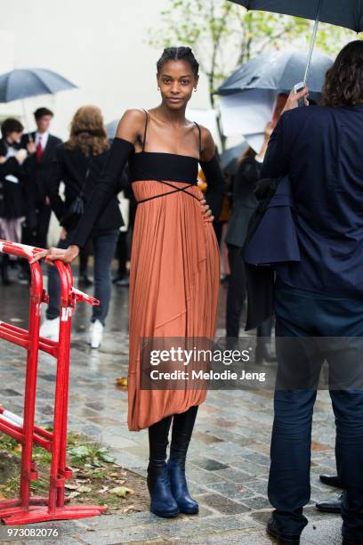 Model Karly Loyce poses after attending the Celine show during Paris Fashion Week Spring/Summer 2018 on October 1, 2017 in Paris, France.