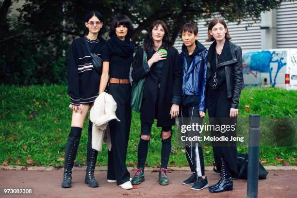 Models Nini Geux, Dipti Sharma, Annie Tice, Mimi Xu, Jennae Quisenberry after the Balenciaga show during Paris Fashion Week Spring/Summer 2018 on...