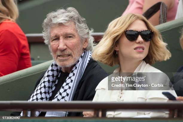 June 10. French Open Tennis Tournament - Day Fifteen. Roger Waters and Lea Seydoux in the stands after presenting the men's final trophy before the...
