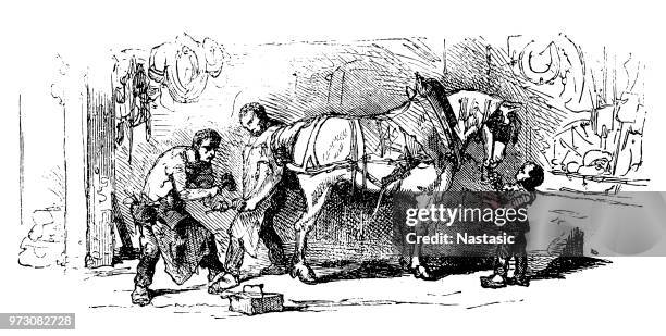 illustrations, cliparts, dessins animés et icônes de forgeron ferrage une mule - maréchal ferrant
