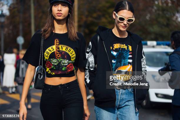 Models Yasmin Wijnaldum and Vittoria Ceretti after Chanel during Paris Fashion Week Spring/Summer 2018 on October 3, 2017 in Paris, France. Yasmin...