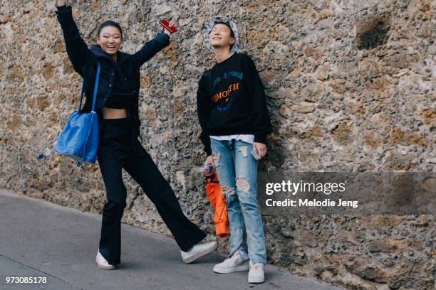 Korean models Yoon Young Bae, Sohyun Jung celebrate the end of fashion month after Miu Miu during Paris Fashion Week Spring/Summer 2018 on October 3,...