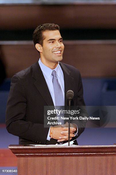 George P. Bush, nephew of Texas Gov. George W. Bush, addresses the delegates during the final night of the Republican National Convention at First...