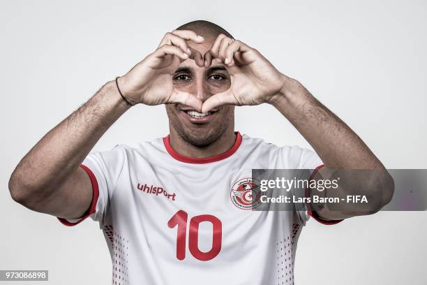 Wahbi Khazri of Tunisia poses for a portrait during the official FIFA World Cup 2018 portrait session at on June 13, 2018 in Moscow, Russia.