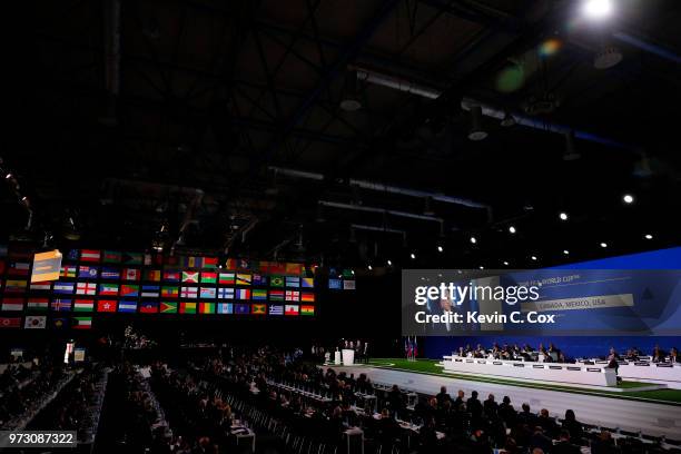 General view as Carlos Cordeiro, president of the United States Football Association addresses during the 68th FIFA Congress at Moscow's Expocentre...