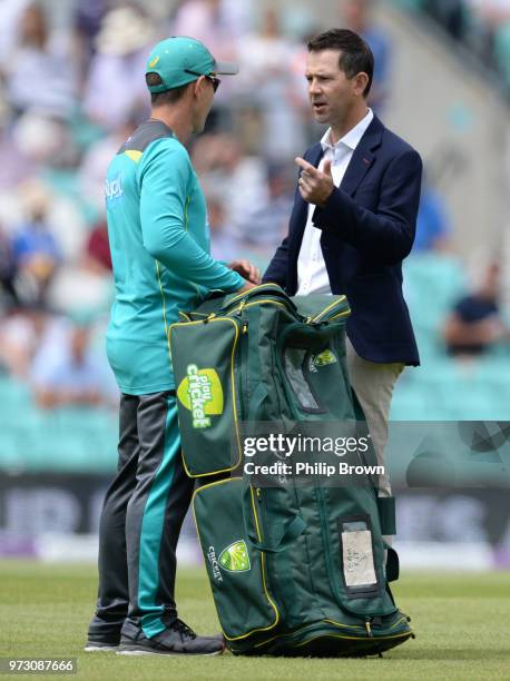 Ricky Ponting speaks to Justin Langer of Australia before the first Royal London One-Day International match between England and Australia at the Kia...