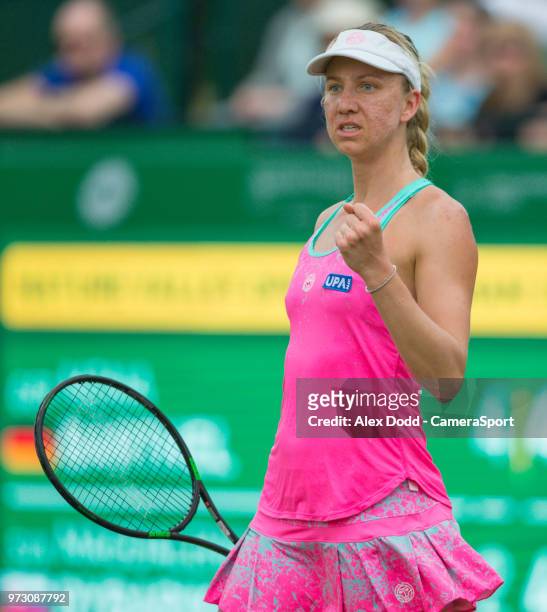 Mona Barthel in action during day 3 of the Nature Valley Open Tennis Tournament at Nottingham Tennis Centre on June 13, 2018 in Nottingham, England.
