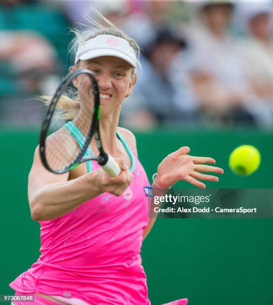 Mona Barthel in action during day 3 of the Nature Valley Open Tennis Tournament at Nottingham Tennis Centre on June 13, 2018 in Nottingham, England.