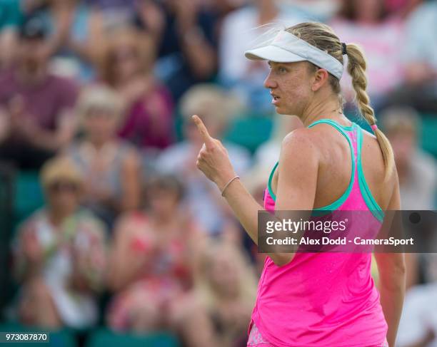 Mona Barthel reacts to taking the first set during day 3 of the Nature Valley Open Tennis Tournament at Nottingham Tennis Centre on June 13, 2018 in...