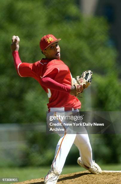 Danny Almonte of James Monroe High School's varsity baseball team, the Eagles, hurls a pitch against Walton High School's Wildcats during a PSAL...