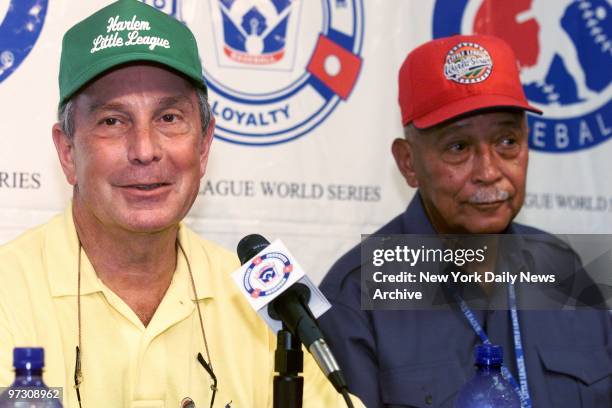 Mayor Michael Bloomberg and former Mayor David Dinkins speak at news conference after watching the Harlem Little League play the Southwest Forsyth...