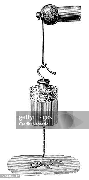leyden jar (or leiden jar) stores a high-voltage electric charge (from an external source) between electrical conductors on the inside and outside of a glass jar - leyden jar stock illustrations