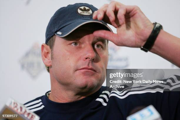 New York Yankees' pitcher Roger Clemens speaks at a news conference after tossing six scoreless innings for the Scranton Wilkes-Barre Yankees against...
