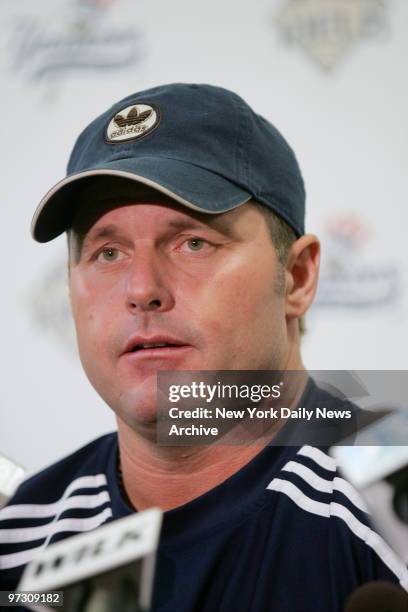 New York Yankees' pitcher Roger Clemens speaks at a news conference after tossing six scoreless innings for the Scranton Wilkes-Barre Yankees against...