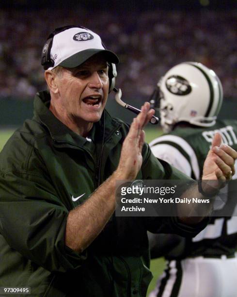 New York Jets' coach Al Groh cheers on his team during pre-season game against the New York Giants at Giants Stadium.