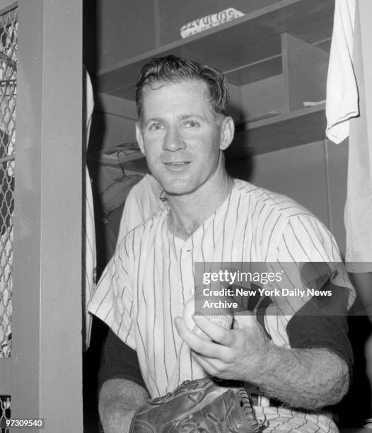 New York Yankees' pitcher Whitey Ford after pitching the Yankees into first place by winning today's game with a shutout.