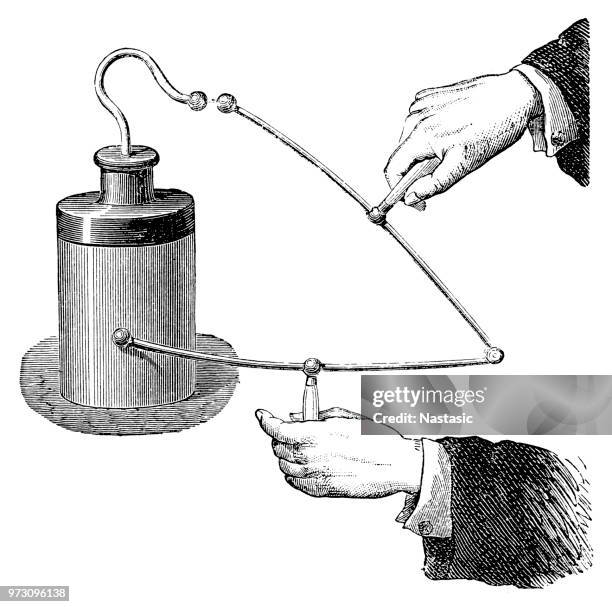 leyden battery (or leiden jar) stores a high-voltage electric charge (from an external source) between electrical conductors on the inside and outside of a glass jar - leyden jars stock illustrations