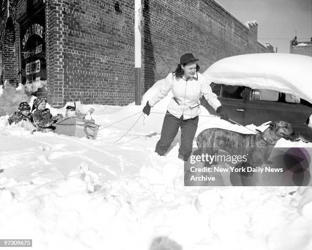 Toni, the dog, helps Mrs. I.M. Carpenter of Scarsdale bring home the bacon and the kiddies, Matie Ann and Carolyn, 5. The children seem to be all in...