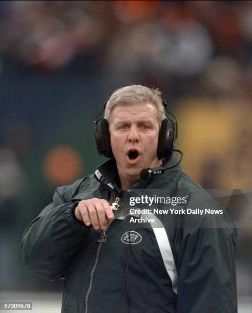 New York Jets' coach Bill Parcells on sidelines during game against New England Patriots.