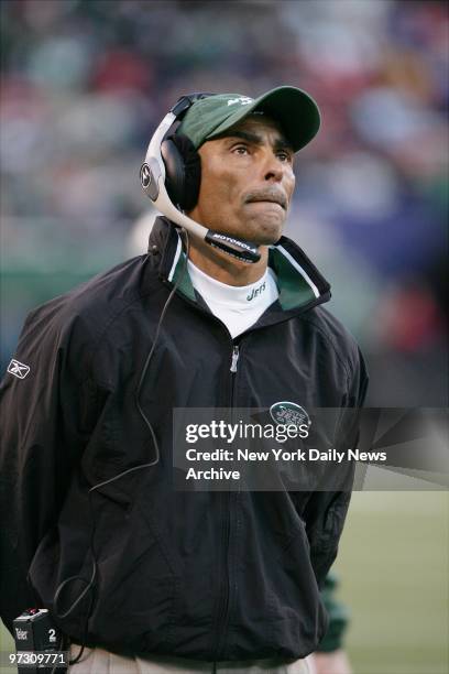 New York Jets' coach Herman Edwards watches his team go down to defeat against the Baltimore Ravens at Giants Stadium. The Ravens won, 20-17, in...