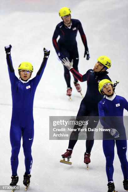 Speed skater Apolo Anton Ohno of the U.S. Shrugs wryly after he was bested in the men's 1,000-meter short track finals by South Korea's Hyun-Soo Ahn...