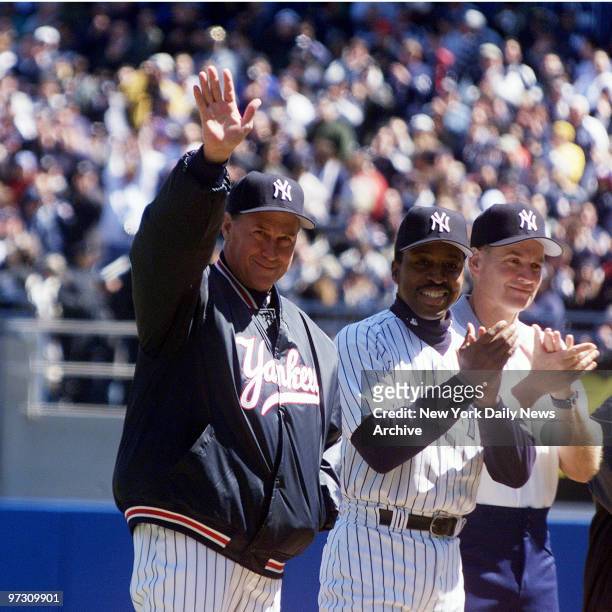 New York Yankees' pitching coach Mel Stottlemyre waves to the crowd before the start of the Yanks' home opener against the Texas Rangers at Yankee...
