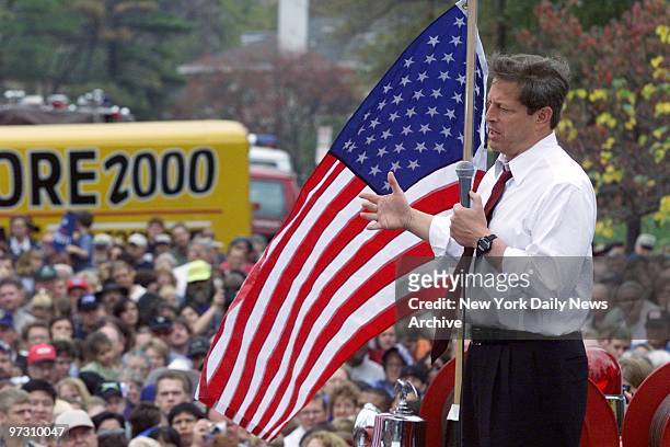 Democratic presidential candidate Vice President Al Gore addresses the crowd from atop an antique fire truck at a campaign rally in East Davenport,...