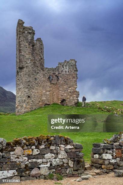 Tourist visiting 16th century Ardvreck Castle ruin at Loch Assynt in the Scottish Highlands, Sutherland, Scotland, UK.