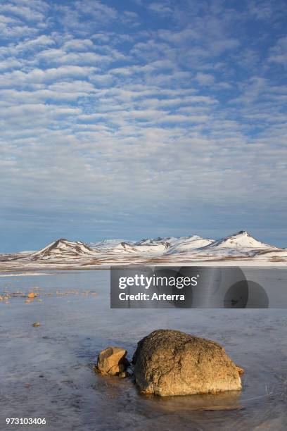 View over the mountain range Lambafjoll / Lambafjoell in winter, Northeastern Region / Norourland eystra, Iceland.