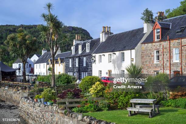 Houses and hotels of the village Plockton along Loch Carron in Wester Ross, Scottish Highlands, Scotland, UK.