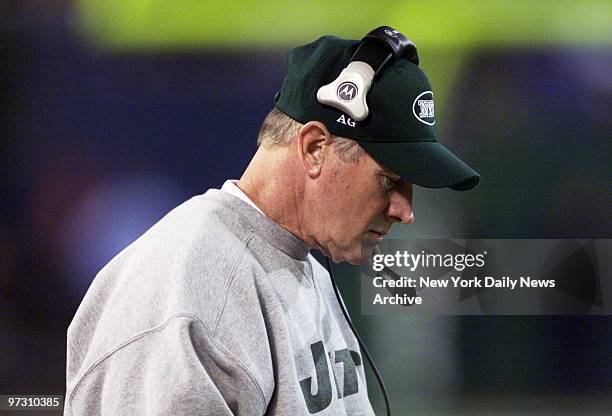 New York Jets' head coach Al Groh looks worried during difficult first half of game against the Miami Dolphins at Giants Stadium. By halftime the...