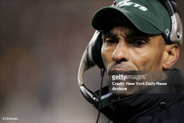 New York Jets' head coach Herm Edwards watches action from the sidelines during an AFC divisional playoff game against the Pittsburgh Steelers at...